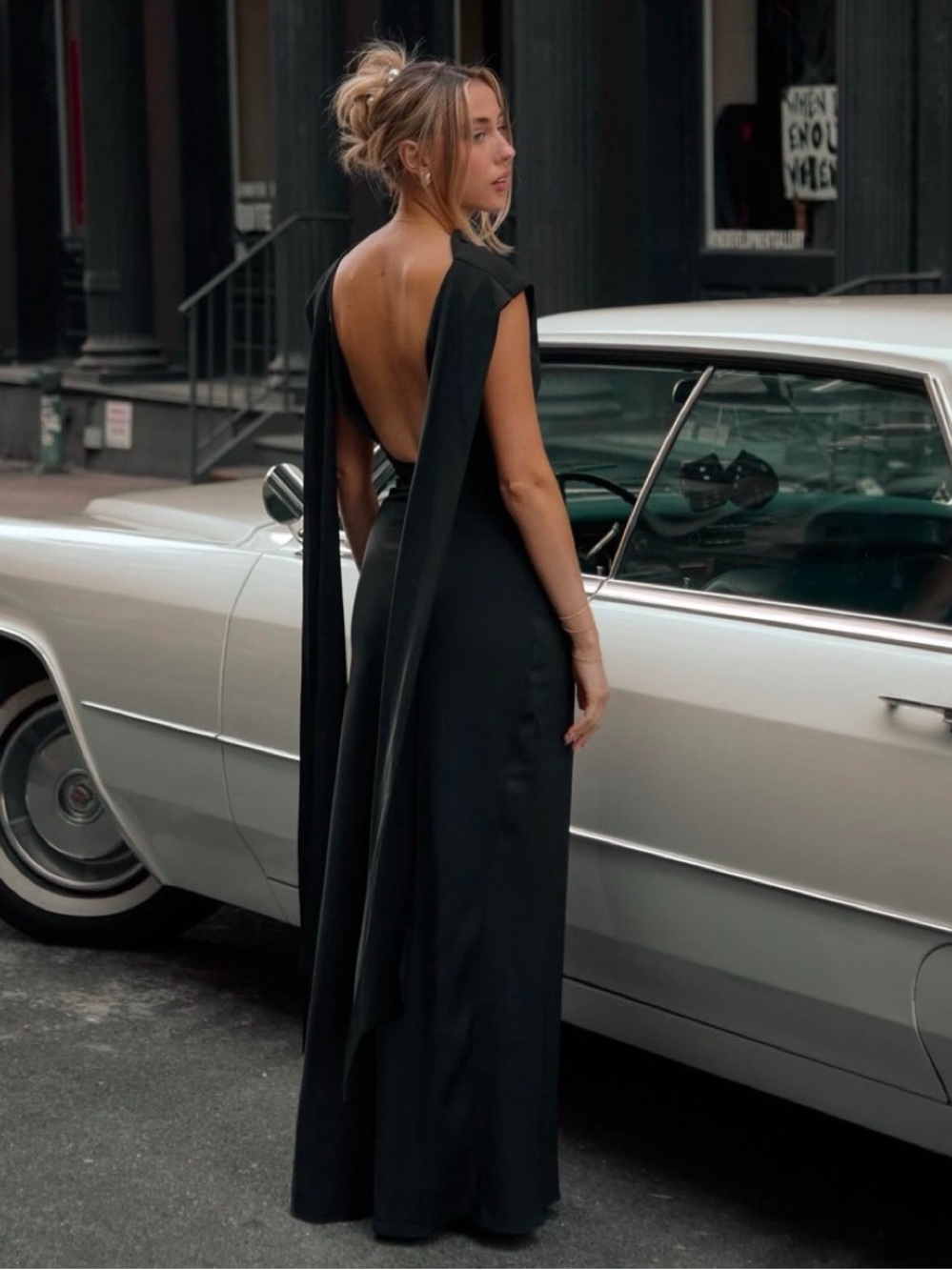 Odd Muse Drape Maxi Dress in black crepe material with scarf - full gown
